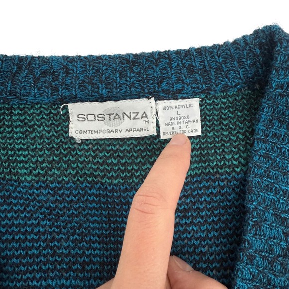 Vintage‎ Sostanza Geometric Oversized Cardigan Sweater Blue Black Large - Picture 6 of 6